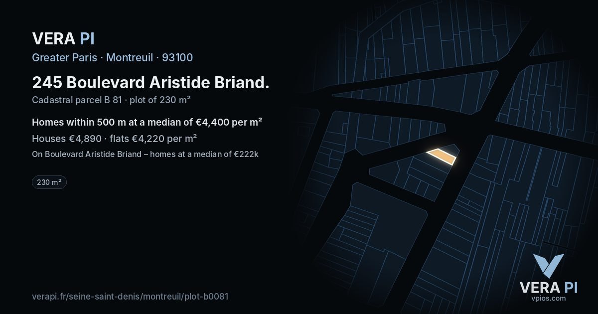 245 Boulevard Aristide Briand, Montreuil at night – the plot lit, the parcels around coloured by the prices near them