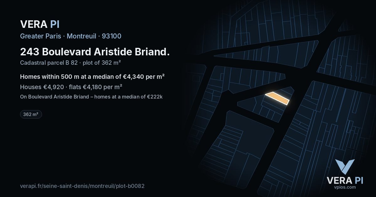 243 Boulevard Aristide Briand, Montreuil at night – the plot lit, the parcels around coloured by the prices near them