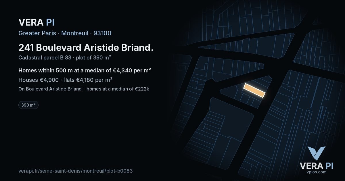 241 Boulevard Aristide Briand, Montreuil at night – the plot lit, the parcels around coloured by the prices near them