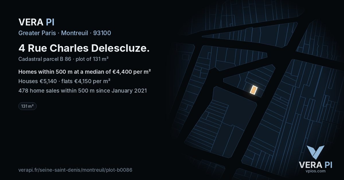 4 Rue Charles Delescluze, Montreuil at night – the plot lit, the parcels around coloured by the prices near them