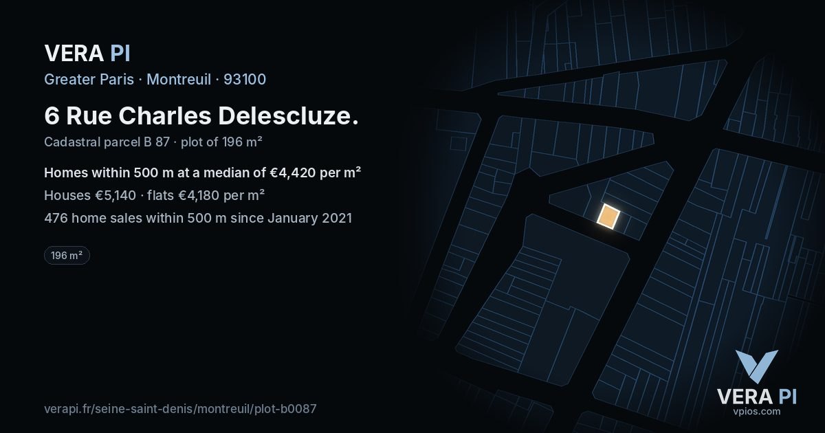 6 Rue Charles Delescluze, Montreuil at night – the plot lit, the parcels around coloured by the prices near them