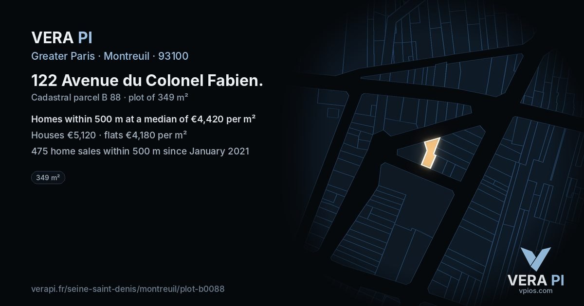 122 Avenue du Colonel Fabien, Montreuil at night – the plot lit, the parcels around coloured by the prices near them