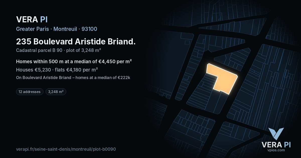 235 Boulevard Aristide Briand, Montreuil at night – the plot lit, the parcels around coloured by the prices near them