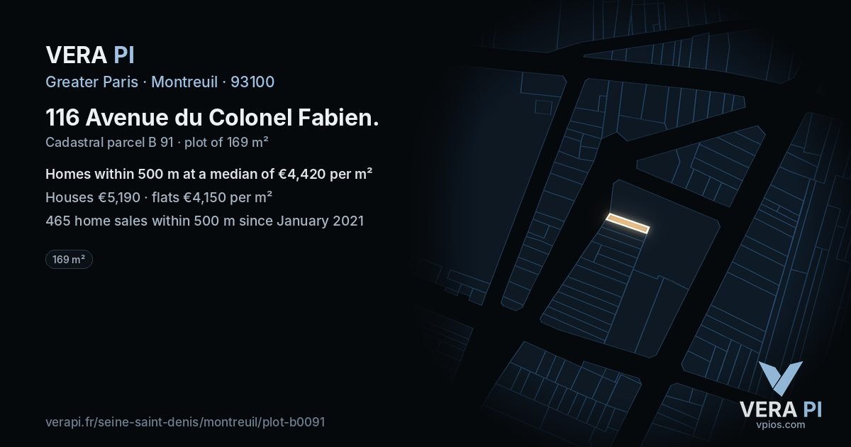 116 Avenue du Colonel Fabien, Montreuil at night – the plot lit, the parcels around coloured by the prices near them