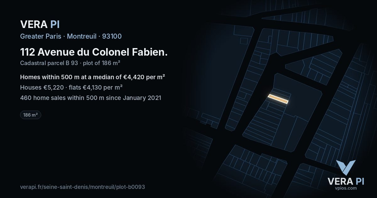 112 Avenue du Colonel Fabien, Montreuil at night – the plot lit, the parcels around coloured by the prices near them