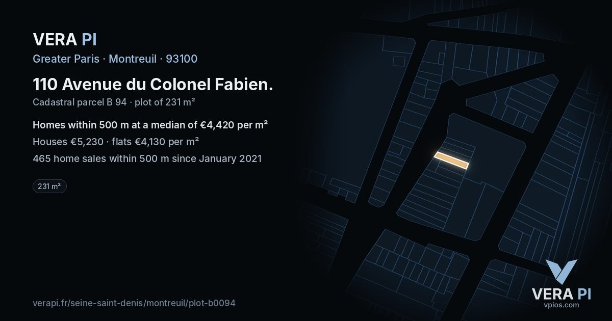 110 Avenue du Colonel Fabien, Montreuil at night – the plot lit, the parcels around coloured by the prices near them