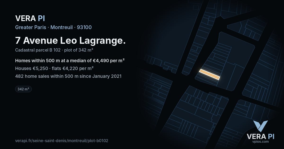 7 Avenue Leo Lagrange, Montreuil at night – the plot lit, the parcels around coloured by the prices near them