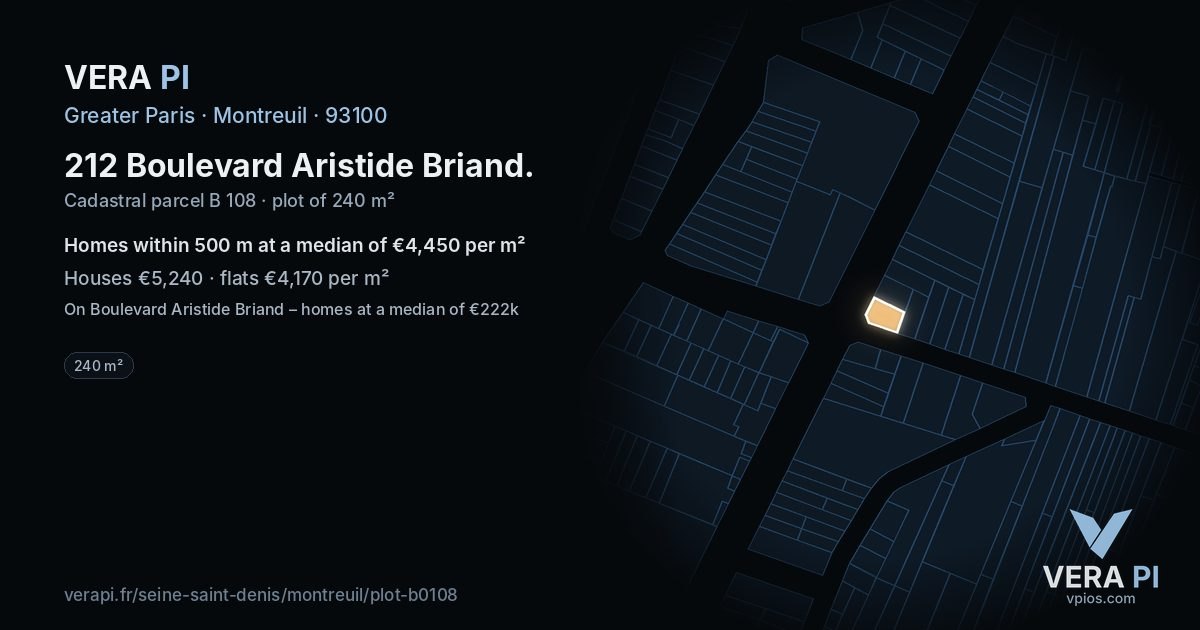 212 Boulevard Aristide Briand, Montreuil at night – the plot lit, the parcels around coloured by the prices near them