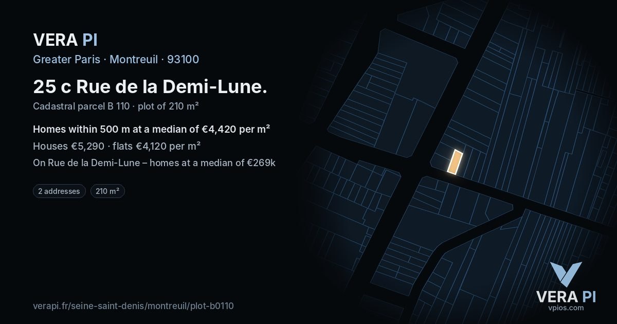 25 c Rue de la Demi-Lune, Montreuil at night – the plot lit, the parcels around coloured by the prices near them