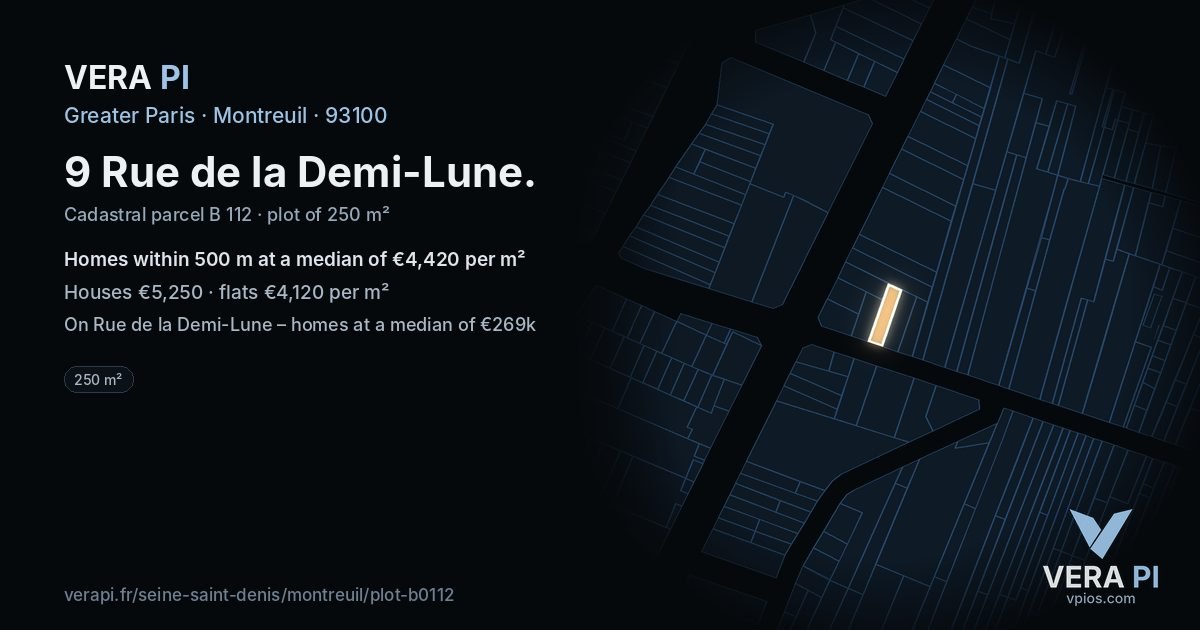 9 Rue de la Demi-Lune, Montreuil at night – the plot lit, the parcels around coloured by the prices near them