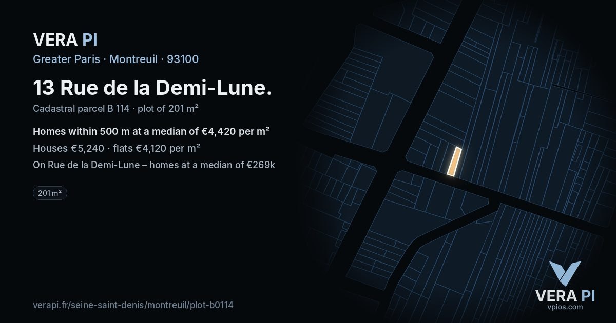 13 Rue de la Demi-Lune, Montreuil at night – the plot lit, the parcels around coloured by the prices near them