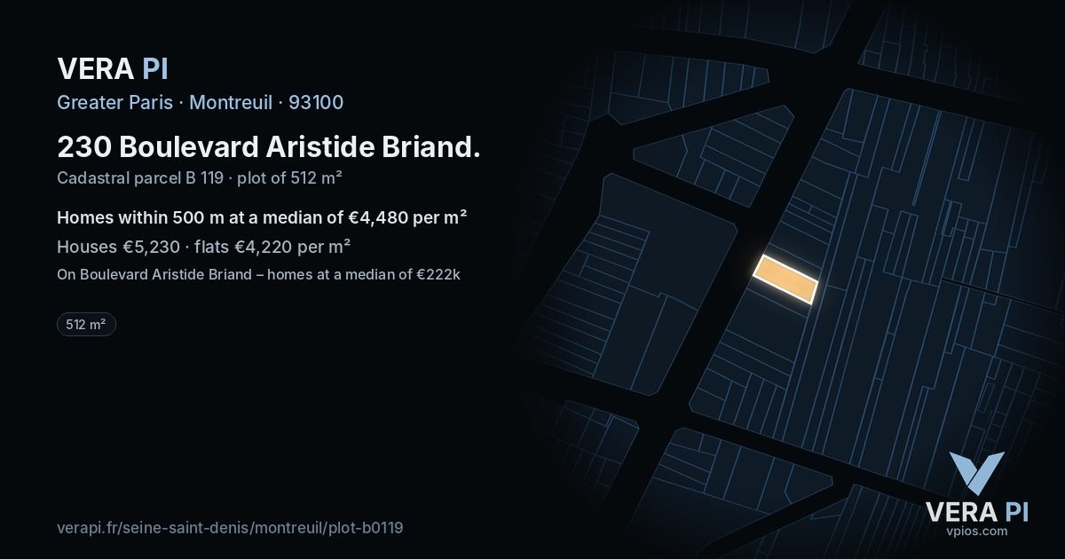 230 Boulevard Aristide Briand, Montreuil at night – the plot lit, the parcels around coloured by the prices near them