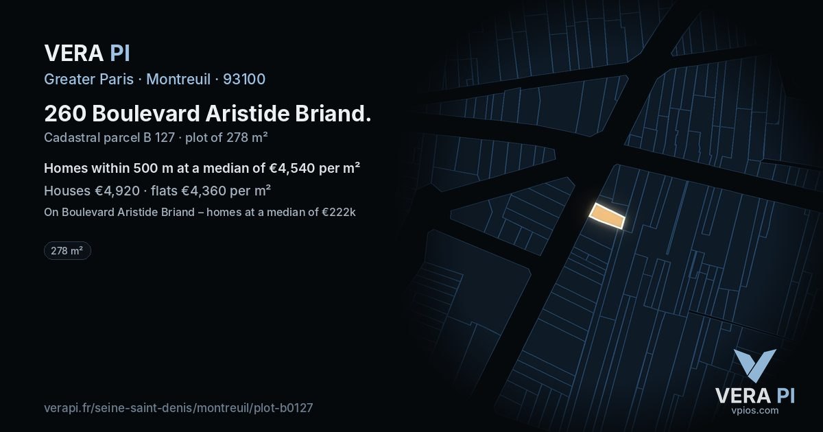 260 Boulevard Aristide Briand, Montreuil at night – the plot lit, the parcels around coloured by the prices near them