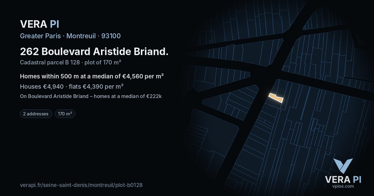 262 Boulevard Aristide Briand, Montreuil at night – the plot lit, the parcels around coloured by the prices near them