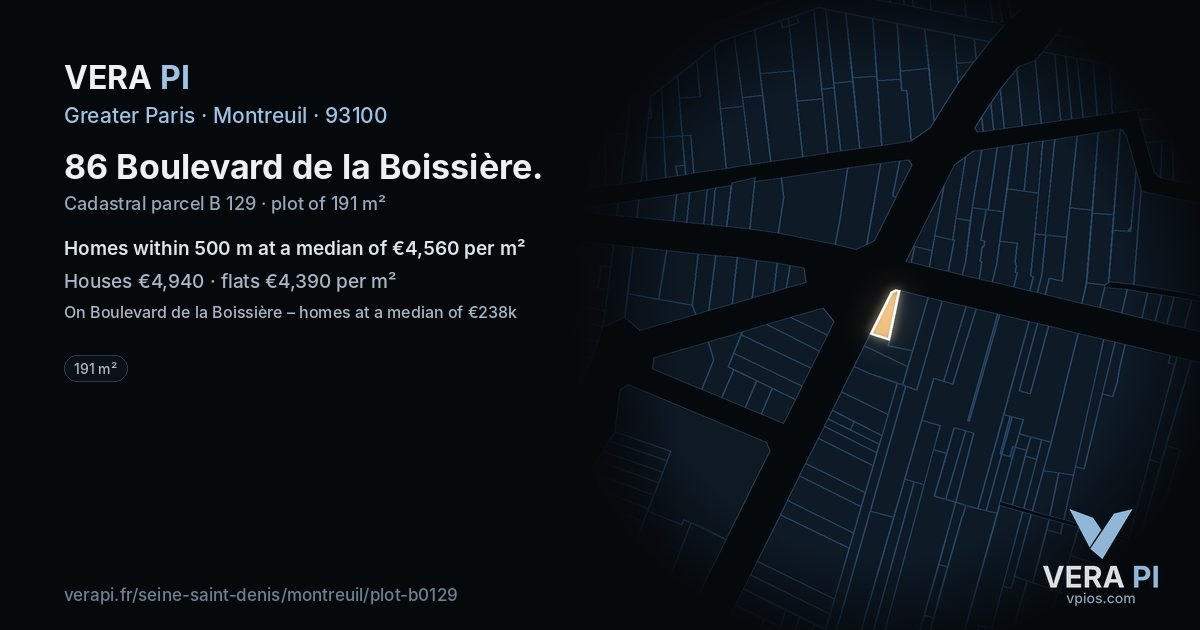 86 Boulevard de la Boissière, Montreuil at night – the plot lit, the parcels around coloured by the prices near them