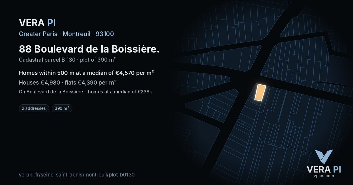 88 Boulevard de la Boissière, Montreuil at night – the plot lit, the parcels around coloured by the prices near them