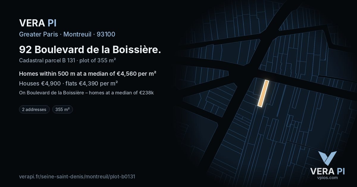 92 Boulevard de la Boissière, Montreuil at night – the plot lit, the parcels around coloured by the prices near them