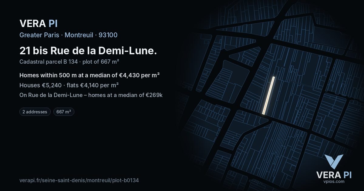 21 bis Rue de la Demi-Lune, Montreuil at night – the plot lit, the parcels around coloured by the prices near them