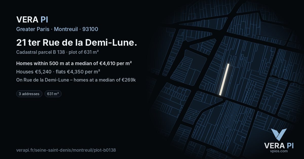 21 ter Rue de la Demi-Lune, Montreuil at night – the plot lit, the parcels around coloured by the prices near them