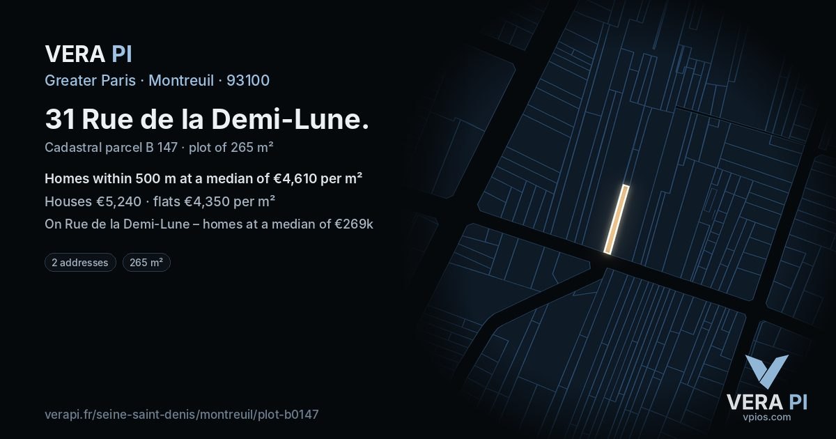 31 Rue de la Demi-Lune, Montreuil at night – the plot lit, the parcels around coloured by the prices near them