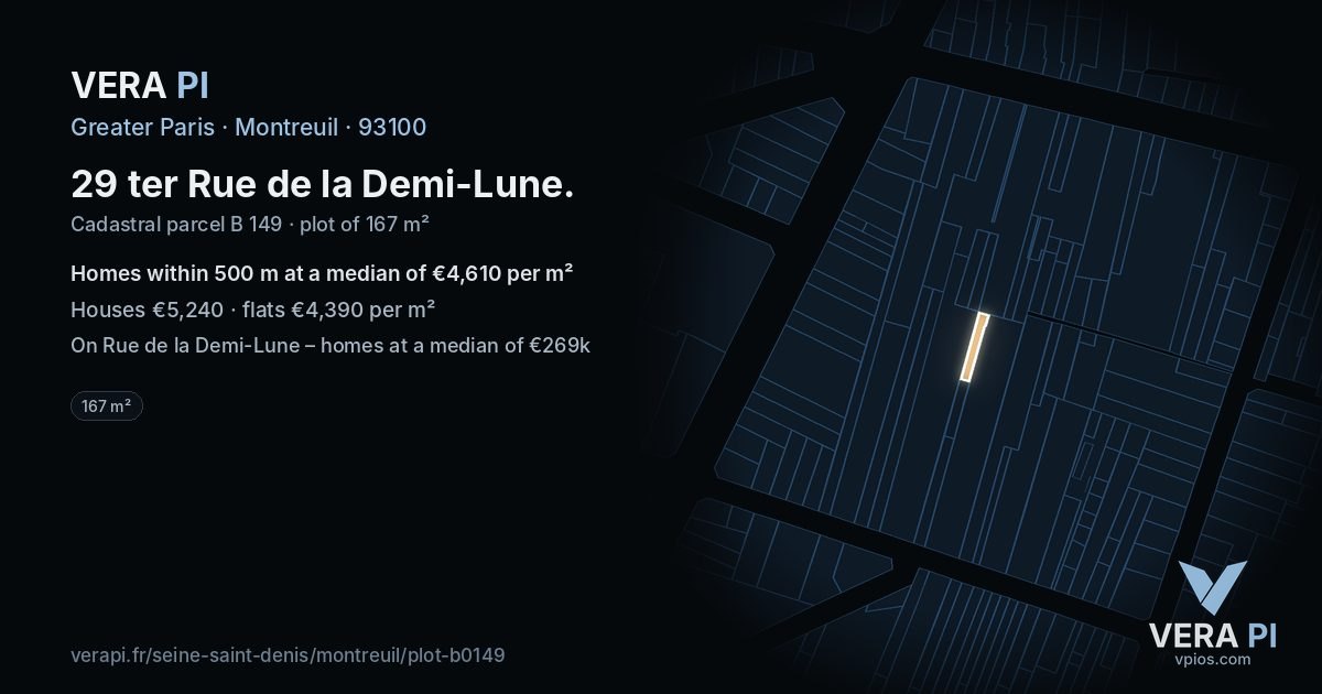 29 ter Rue de la Demi-Lune, Montreuil at night – the plot lit, the parcels around coloured by the prices near them
