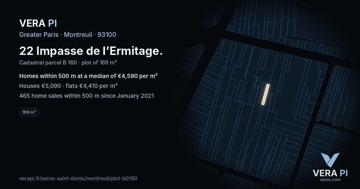 22 Impasse de l’Ermitage, Montreuil at night – the plot lit, the parcels around coloured by the prices near them