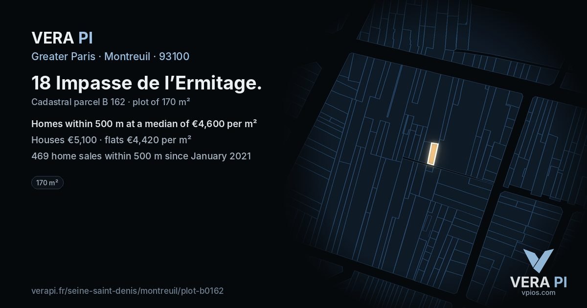 18 Impasse de l’Ermitage, Montreuil at night – the plot lit, the parcels around coloured by the prices near them