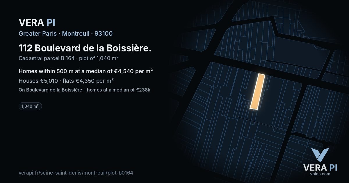 112 Boulevard de la Boissière, Montreuil at night – the plot lit, the parcels around coloured by the prices near them