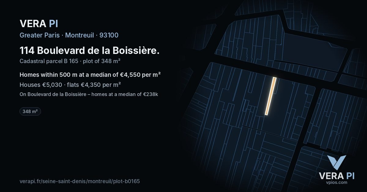 114 Boulevard de la Boissière, Montreuil at night – the plot lit, the parcels around coloured by the prices near them