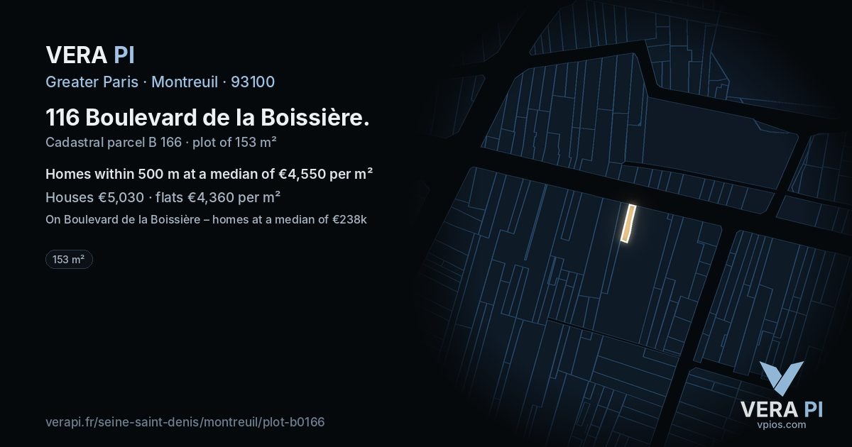 116 Boulevard de la Boissière, Montreuil at night – the plot lit, the parcels around coloured by the prices near them