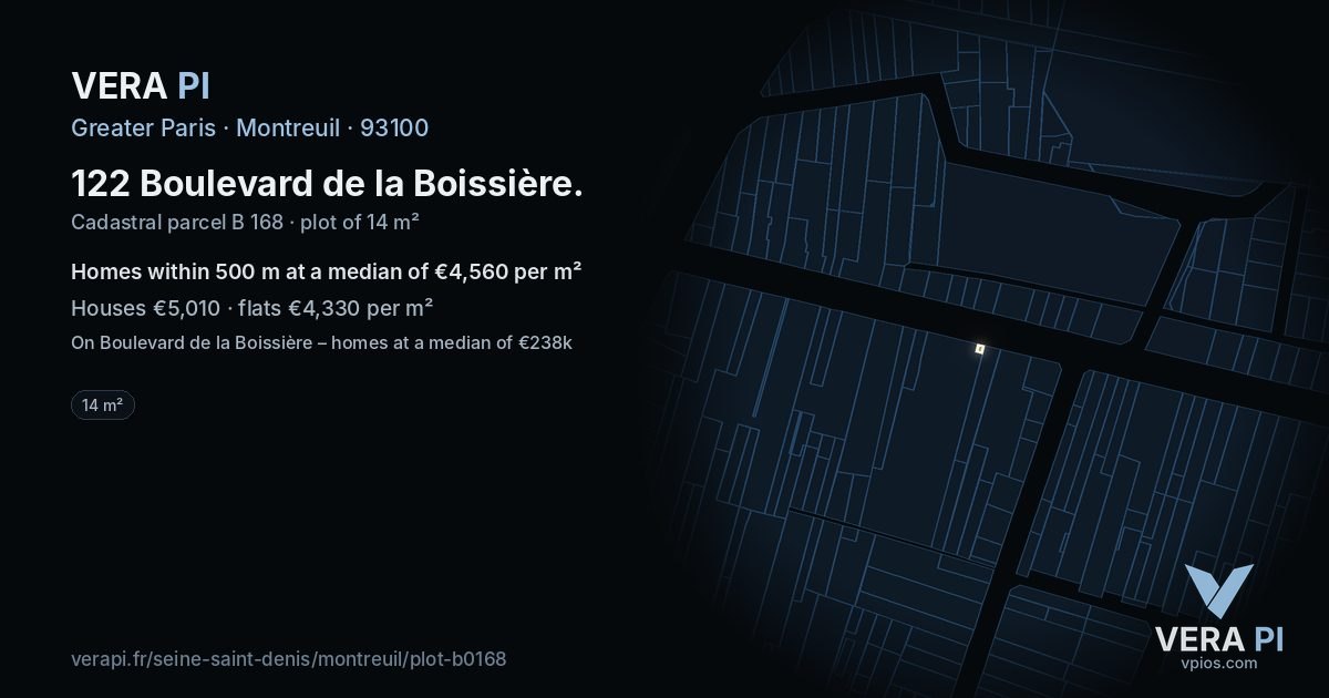 122 Boulevard de la Boissière, Montreuil at night – the plot lit, the parcels around coloured by the prices near them
