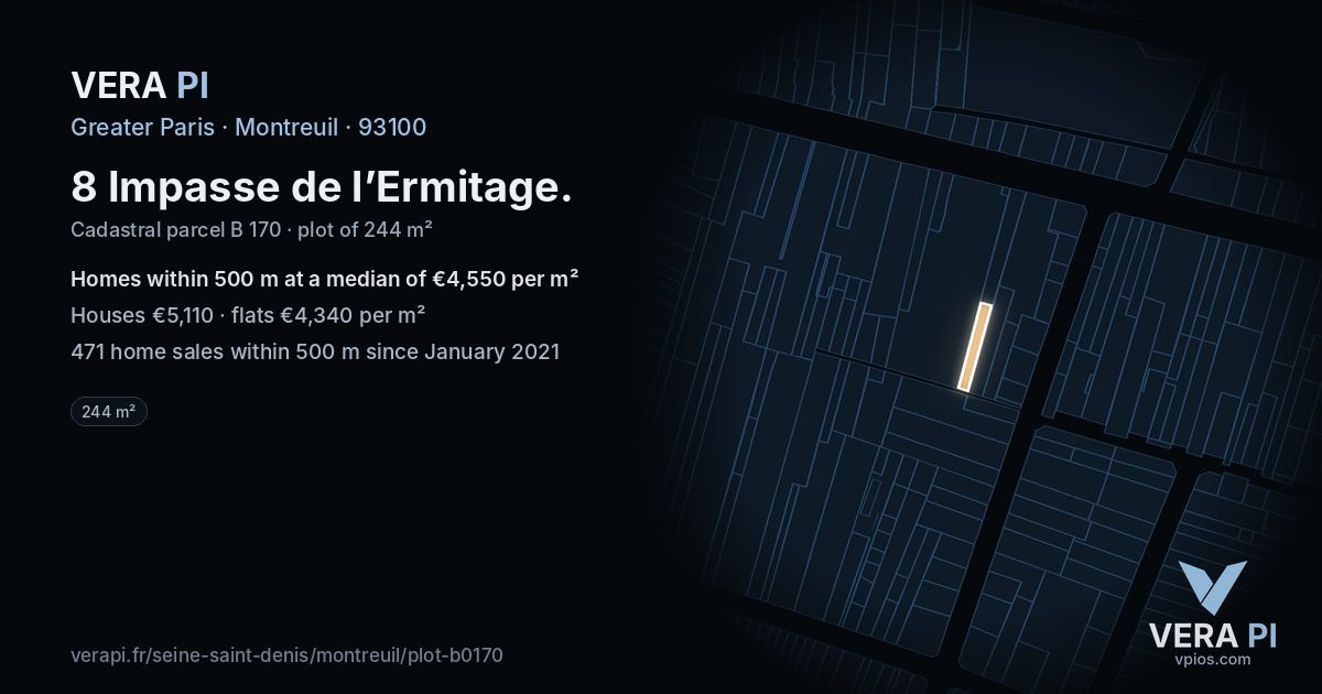 8 Impasse de l’Ermitage, Montreuil at night – the plot lit, the parcels around coloured by the prices near them