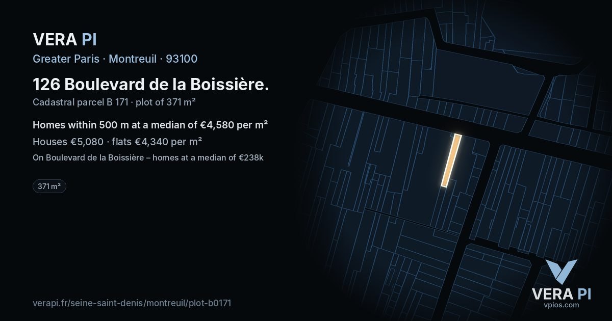 126 Boulevard de la Boissière, Montreuil at night – the plot lit, the parcels around coloured by the prices near them
