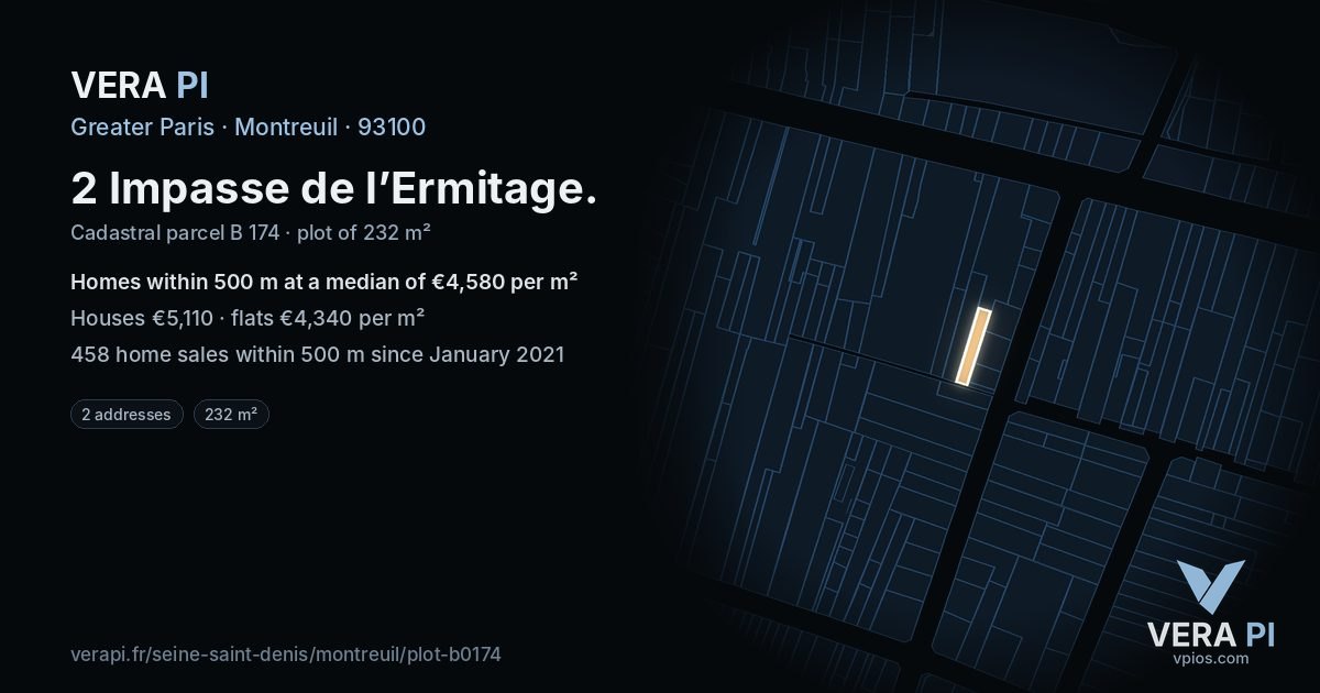 2 Impasse de l’Ermitage, Montreuil at night – the plot lit, the parcels around coloured by the prices near them
