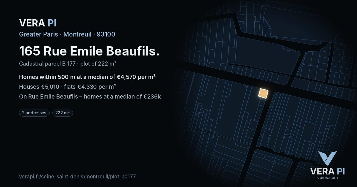 165 Rue Emile Beaufils, Montreuil at night – the plot lit, the parcels around coloured by the prices near them