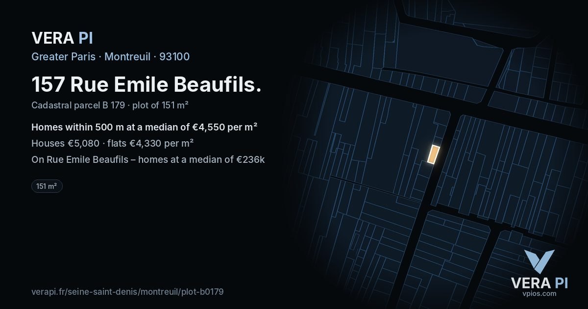 157 Rue Emile Beaufils, Montreuil at night – the plot lit, the parcels around coloured by the prices near them