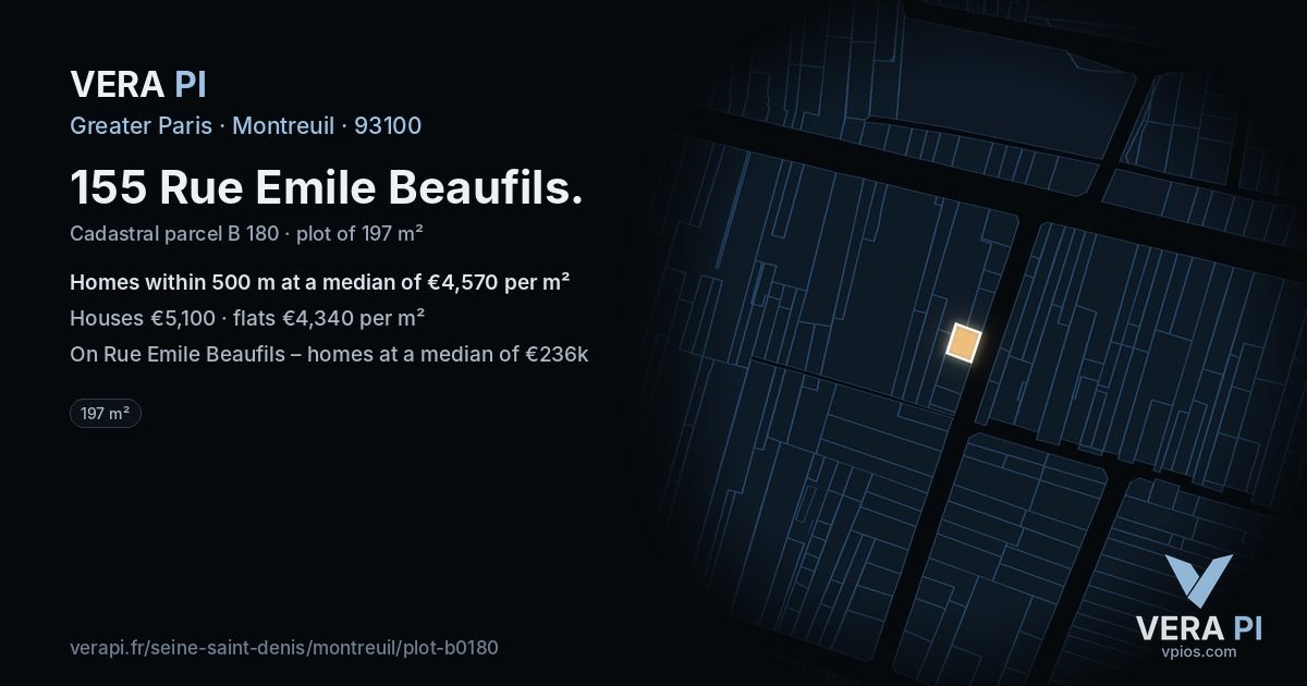 155 Rue Emile Beaufils, Montreuil at night – the plot lit, the parcels around coloured by the prices near them