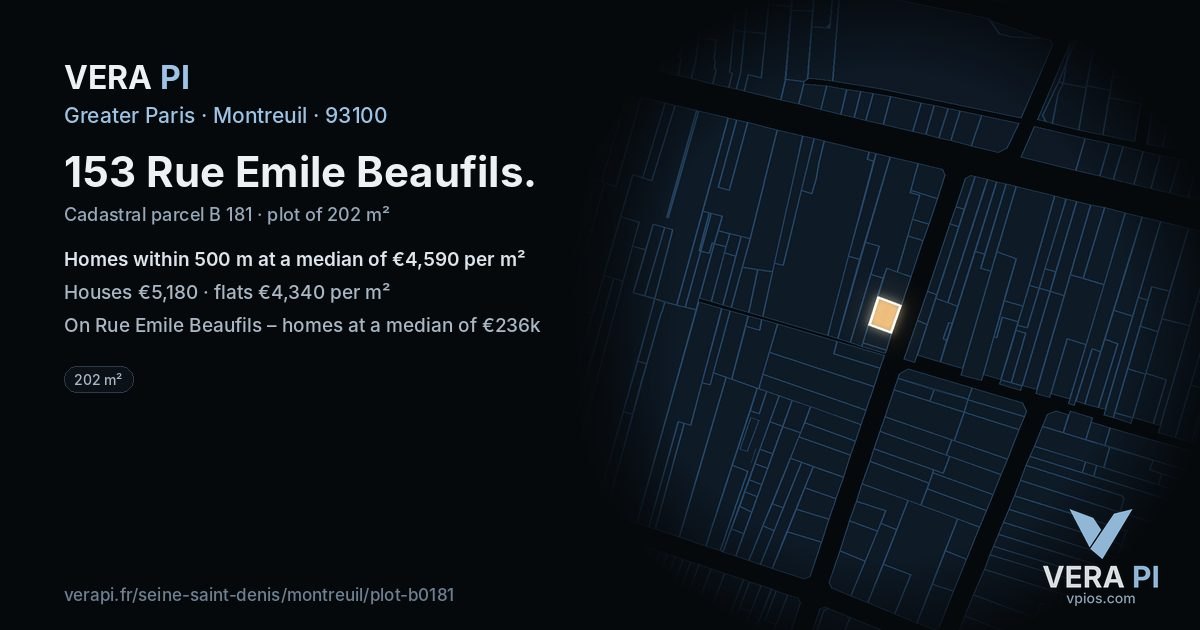 153 Rue Emile Beaufils, Montreuil at night – the plot lit, the parcels around coloured by the prices near them