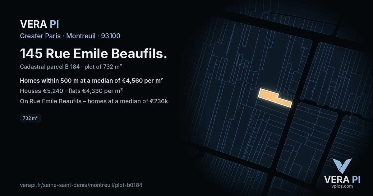 145 Rue Emile Beaufils, Montreuil at night – the plot lit, the parcels around coloured by the prices near them