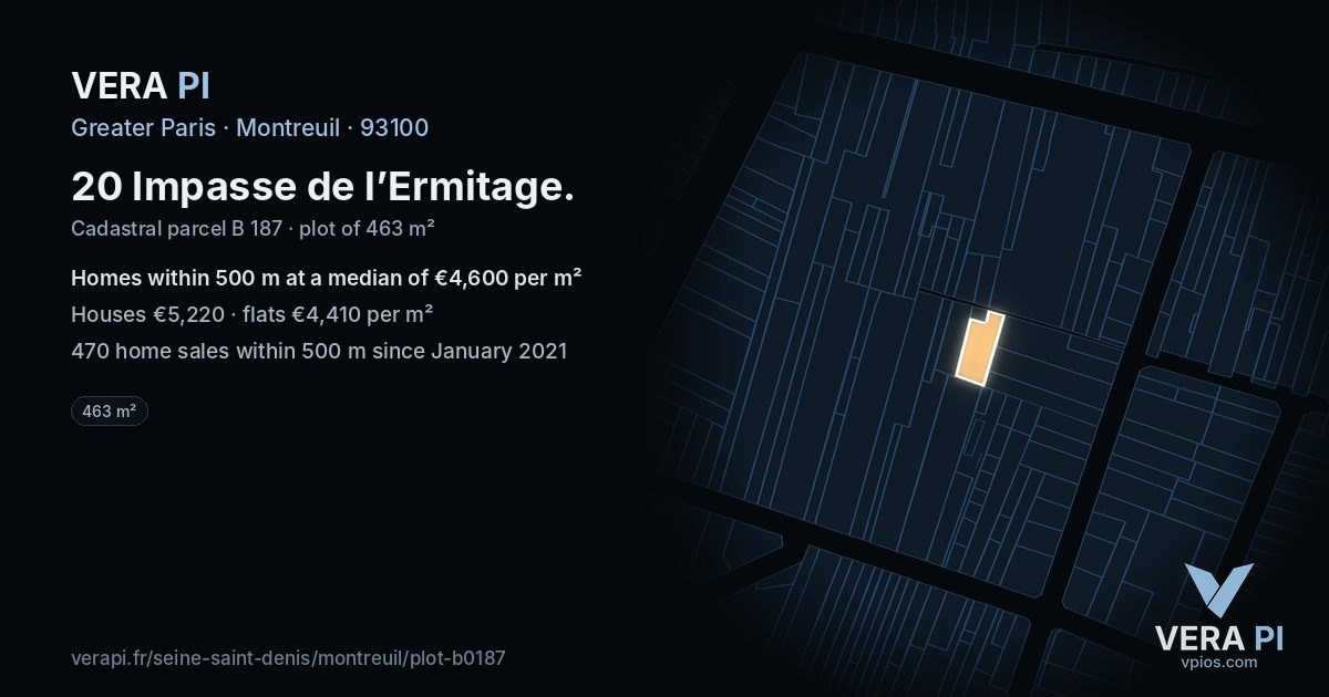 20 Impasse de l’Ermitage, Montreuil at night – the plot lit, the parcels around coloured by the prices near them