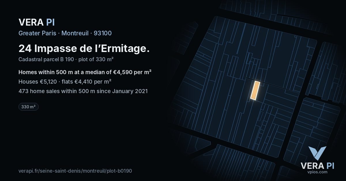 24 Impasse de l’Ermitage, Montreuil at night – the plot lit, the parcels around coloured by the prices near them