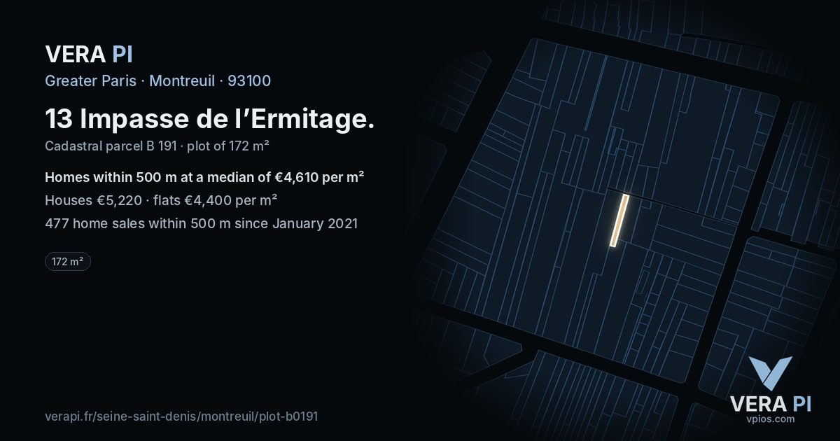 13 Impasse de l’Ermitage, Montreuil at night – the plot lit, the parcels around coloured by the prices near them
