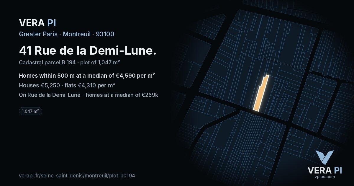 41 Rue de la Demi-Lune, Montreuil at night – the plot lit, the parcels around coloured by the prices near them