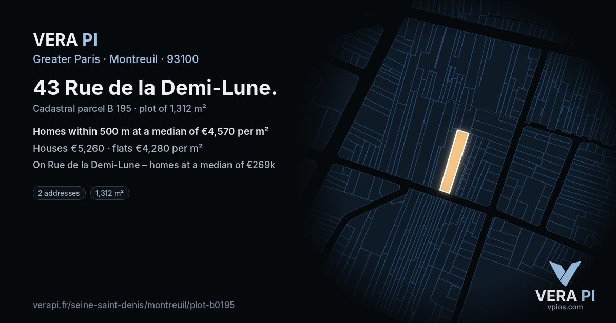 43 Rue de la Demi-Lune, Montreuil at night – the plot lit, the parcels around coloured by the prices near them