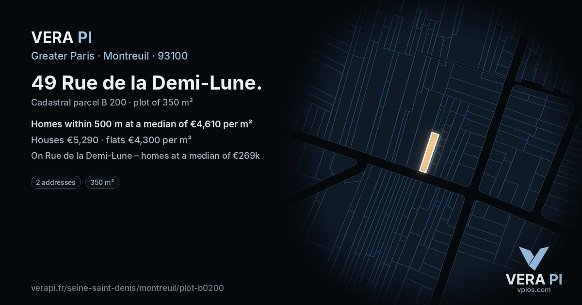 49 Rue de la Demi-Lune, Montreuil at night – the plot lit, the parcels around coloured by the prices near them