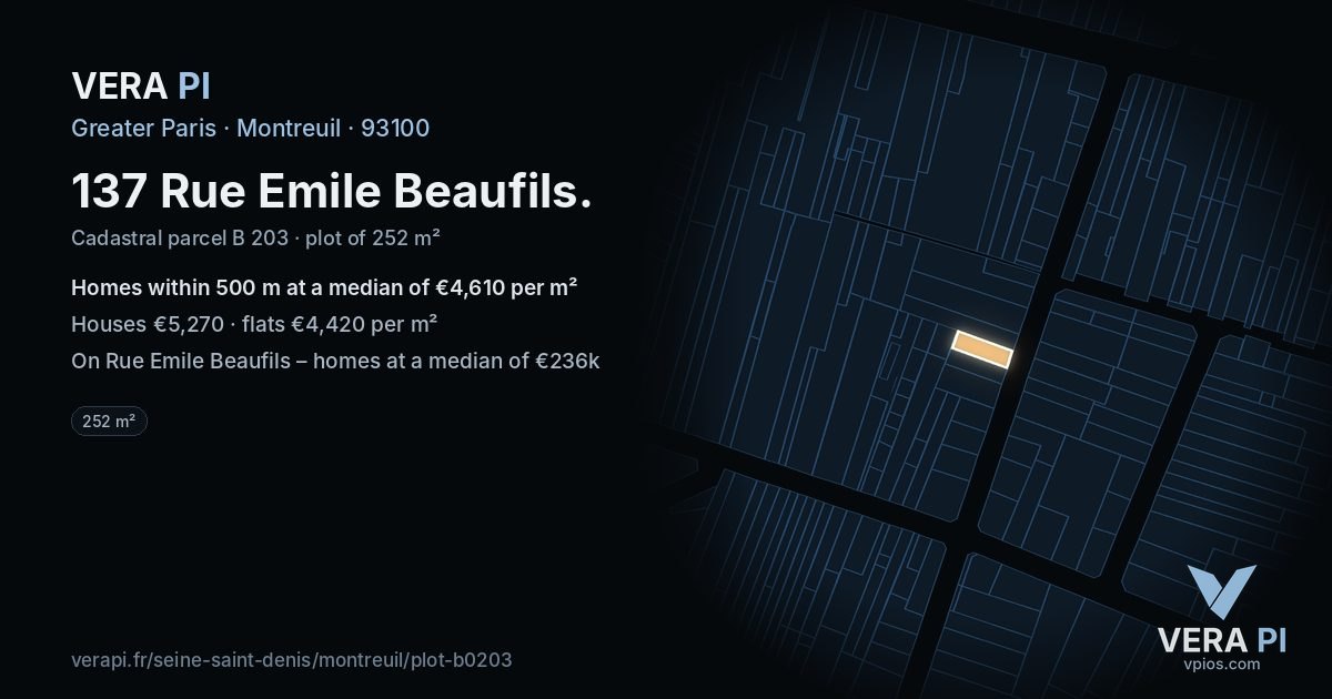137 Rue Emile Beaufils, Montreuil at night – the plot lit, the parcels around coloured by the prices near them