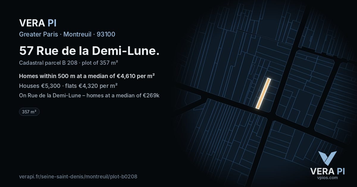 57 Rue de la Demi-Lune, Montreuil at night – the plot lit, the parcels around coloured by the prices near them
