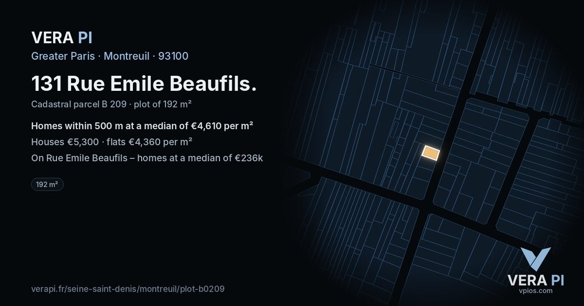 131 Rue Emile Beaufils, Montreuil at night – the plot lit, the parcels around coloured by the prices near them
