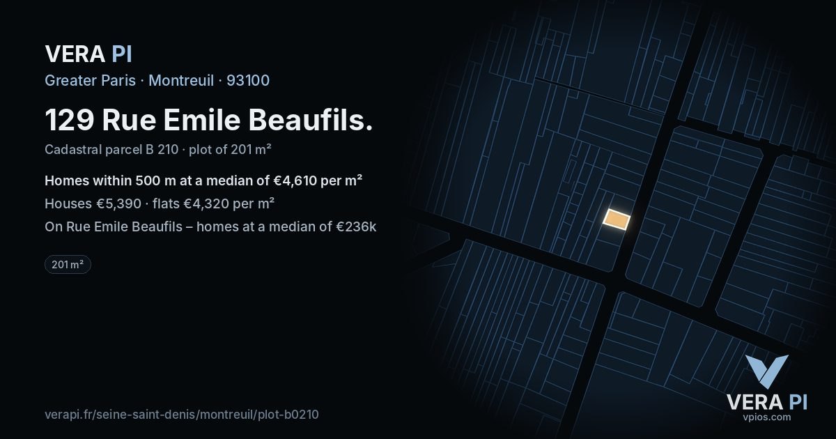 129 Rue Emile Beaufils, Montreuil at night – the plot lit, the parcels around coloured by the prices near them