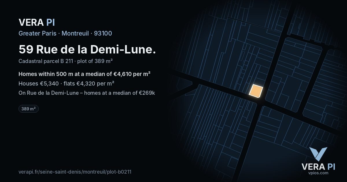 59 Rue de la Demi-Lune, Montreuil at night – the plot lit, the parcels around coloured by the prices near them